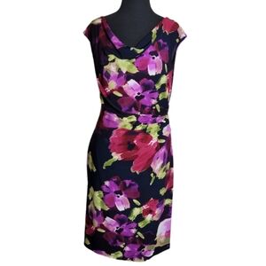 Lauren Ralph Lauren black floral  sheath dress cap sleeve drape neck size 10